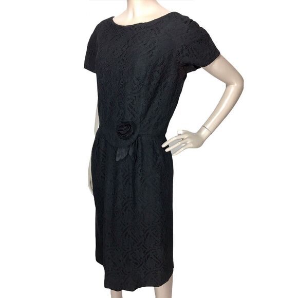 Vintage 40s 50s Lorch of Dallas Black Lace Cocktail Hostess Sheath Dress Medium - Picture 3 of 8